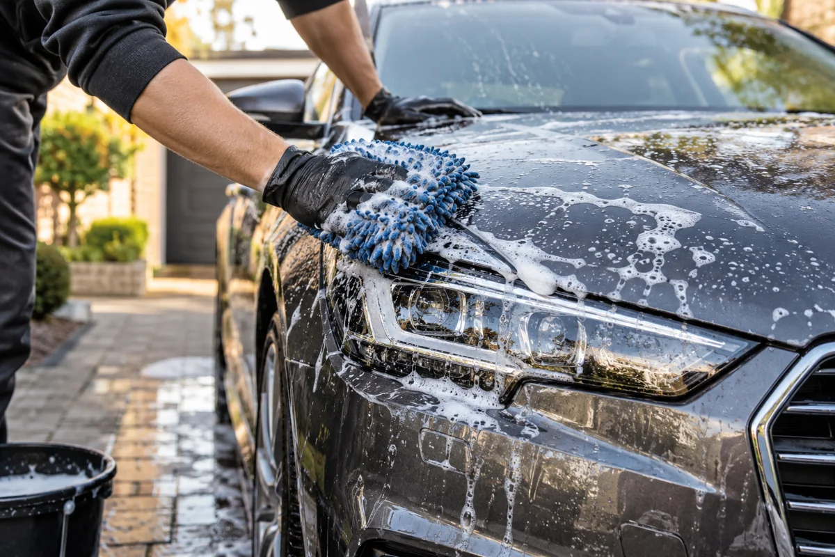 Handwas van een auto met een microvezelwashandschoen