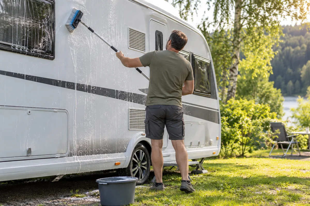 Caravan reinigen met een zachte telescopische wasborstel
